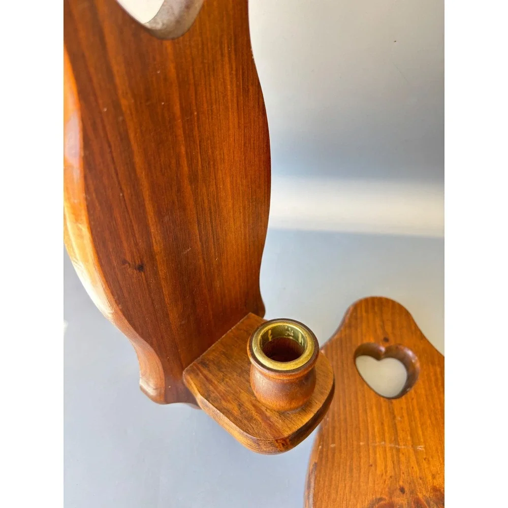 Vintage Wood Mirror Heart Sconce Set 3 Piece Rustic Wall Decor Brown Cottage